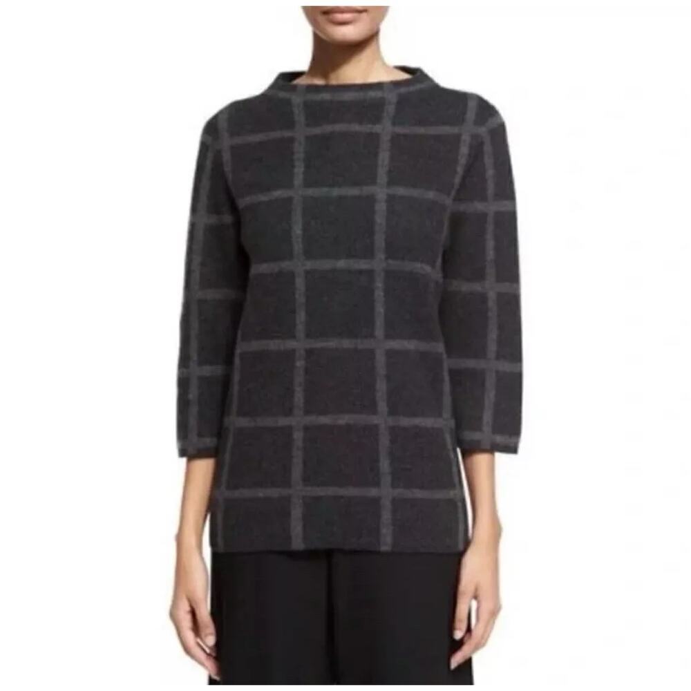 Eileen Fisher  Merino Wool Sweater  Tunic Windowpane Check Black Grey Sz L